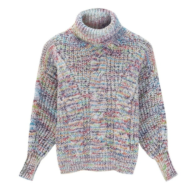 Gibobby SuéTer Para Invierno Mujer de punto de manga larga con cuello y flores de colores mezclados para mujer de otoño e invierno(Blanco,Talla única)