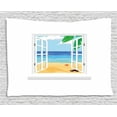 thumbnail image 1 of Beach Tapestry, View from Window Ocean with Coconut Leaves Starfish Cartoon Illustration, Wall Hanging for Bedroom Living Room Dorm Decor, 60W X 40L Inches, Blue Sand Brown White, by Ambesonne, 1 of 2