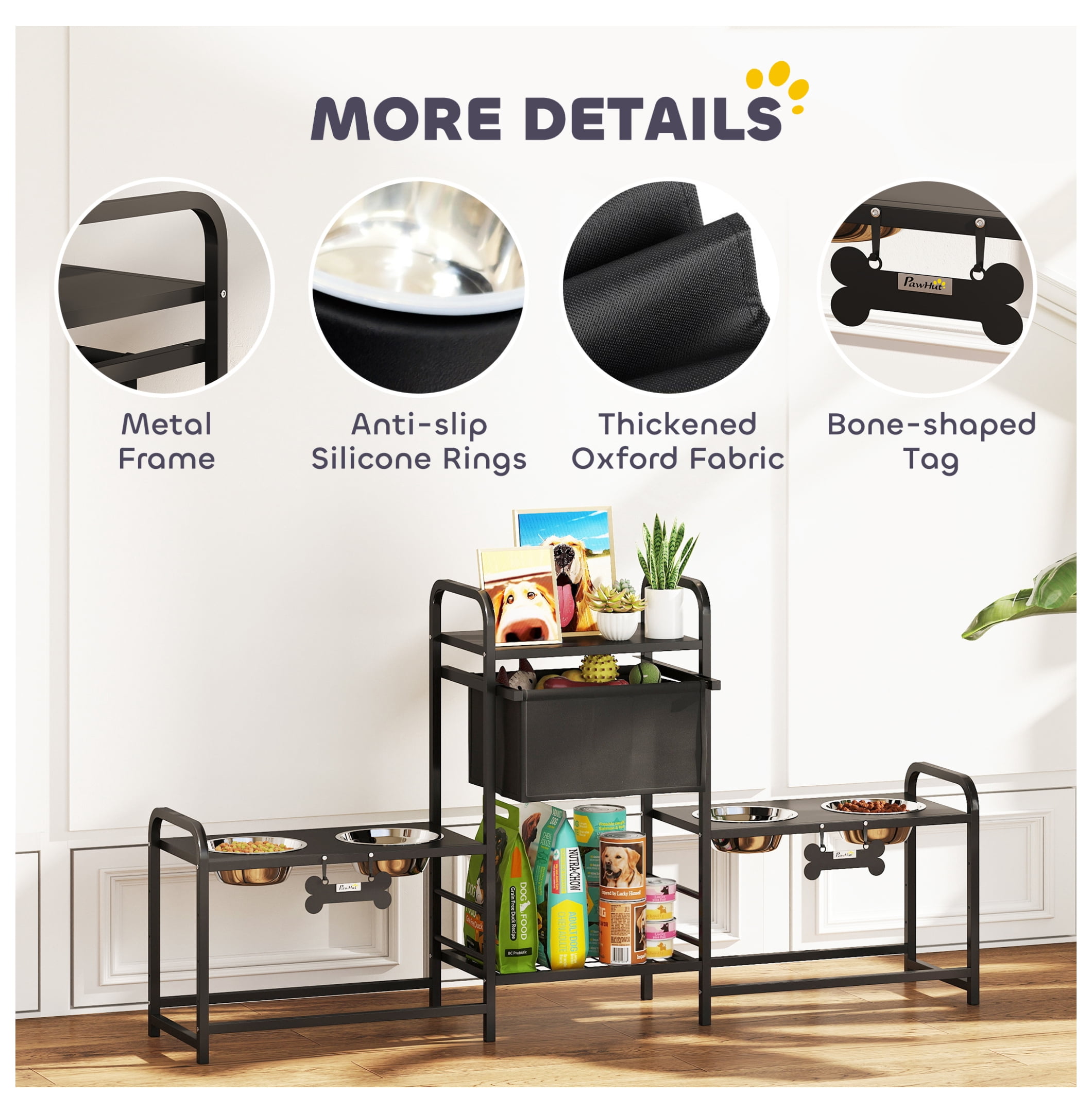 Dog Bowl Stand with Toy Storage, 3 Height Adjustable Elevated Dog Bowls, 2 Feeding Stations, Stainless Steel Pet Feeder for Large & Small Dogs, Black
