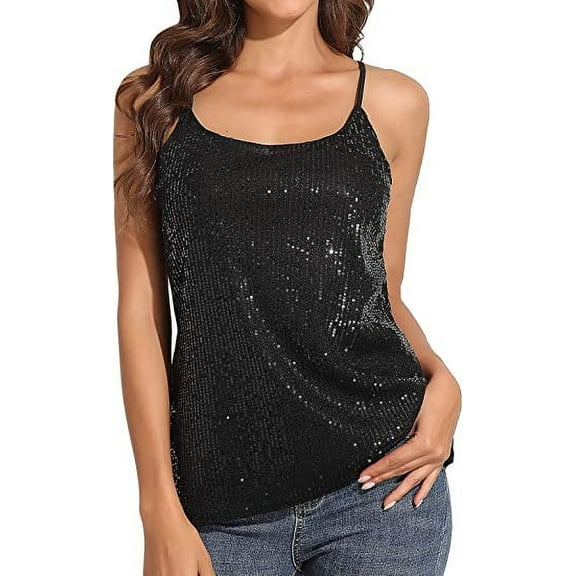 PrettyGuide Women's All Over Sequin Top Shimmer Strappy Camisole Sparkly Tank Tops Party Shirts, Small