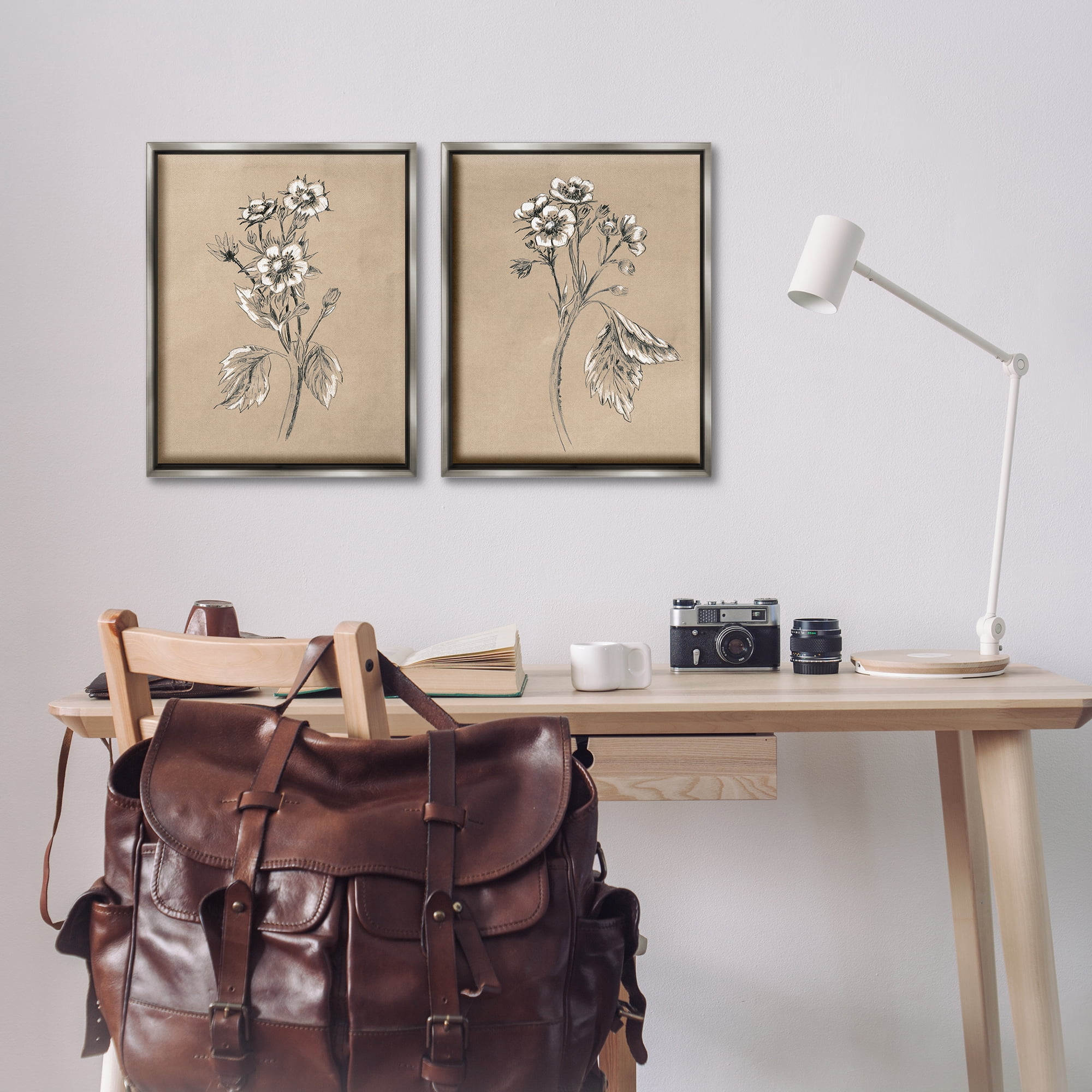 Stupell Industries Vintage Sketch Botanical Plants & Flowers Drawing Gray Floater Framed Canvas Art Print Wall Art, 17 x 21, Set of 2