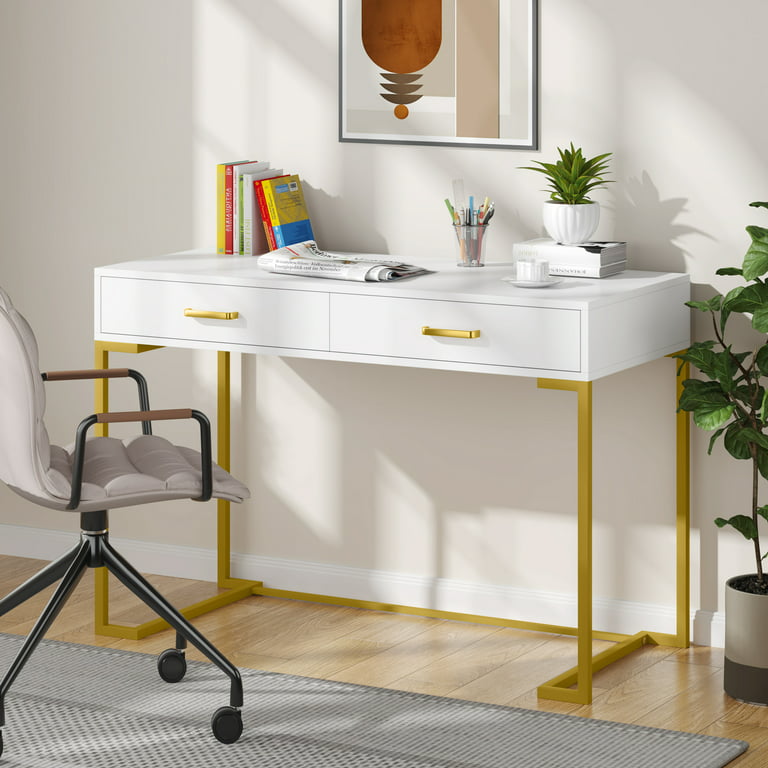 Modern White Rectangular Home Office Desk with Drawers in Gold Leg