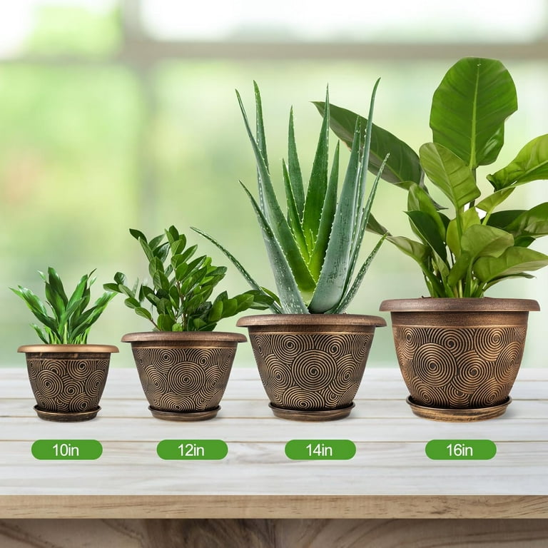 14 Inch Large Planter Pot for Plants Indoor Outdoor, 4 Pack Plastic Flower  Pots with Drainage Hole & Tray, Modern Decorative Garden Pot with Saucer,  ...