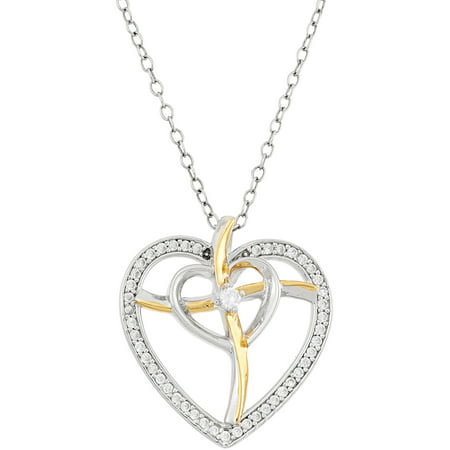 White CZ 18kt Gold over Sterling Silver and Sterling Silver Cross within Heart Pendant, 18