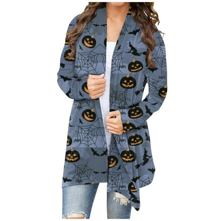 

DENGDENG Long Cardigan Sweaters for Women Long Sleeve Open Front Sweatshirt Dressy Plus Size Pumpkin Printed Shirt Maternity Halloween Fall Cardigans Cute Lightweight Outwear Royal Blue XL