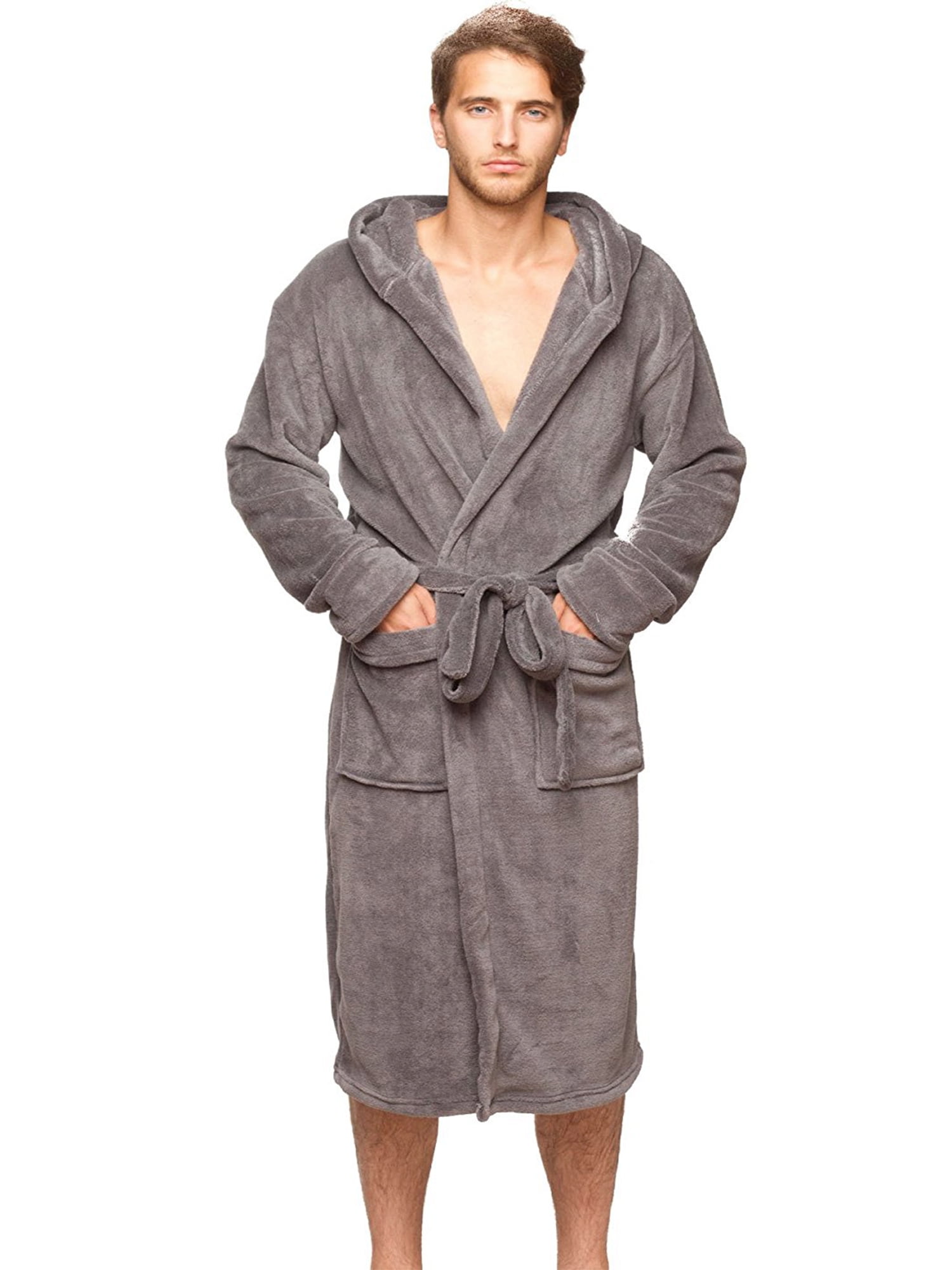 Wanted Mens Bathrobe Hooded Robe Plush Micro Fleece with Front Pockets