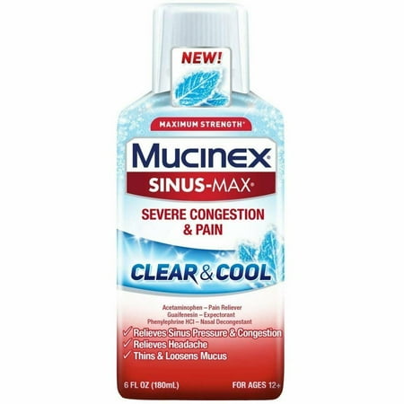 Mucinex Sinus-Max Clear & Cool Max Strength Severe Congestion & Pain Liquid 6 oz (Pack of 4)