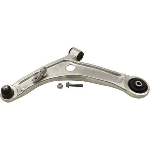 horquilla moog lancer 2009 a 2015 delantera izquierda inferior brazo de control inferior en aluminio forjado con bujes de caucho negros, vista frontal inclinada que muestra la silueta arqueada, montaje de rótula a presión con perno y tuerca incluidos, largo 13.779 pulgadas, sobre fondo blanco.