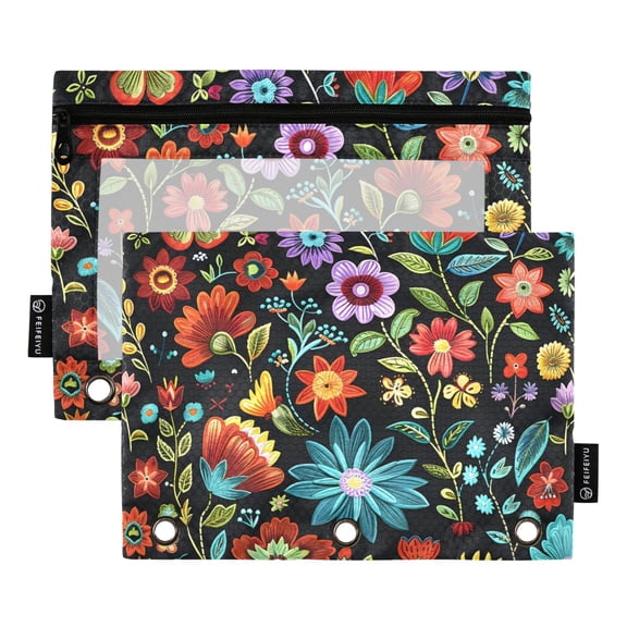 ALAZA 2 Pack Pencil Pouch Retro Blooming Flowers Pencil Case for 3 Ring Binder Clear Window Pencil Bag Organizers