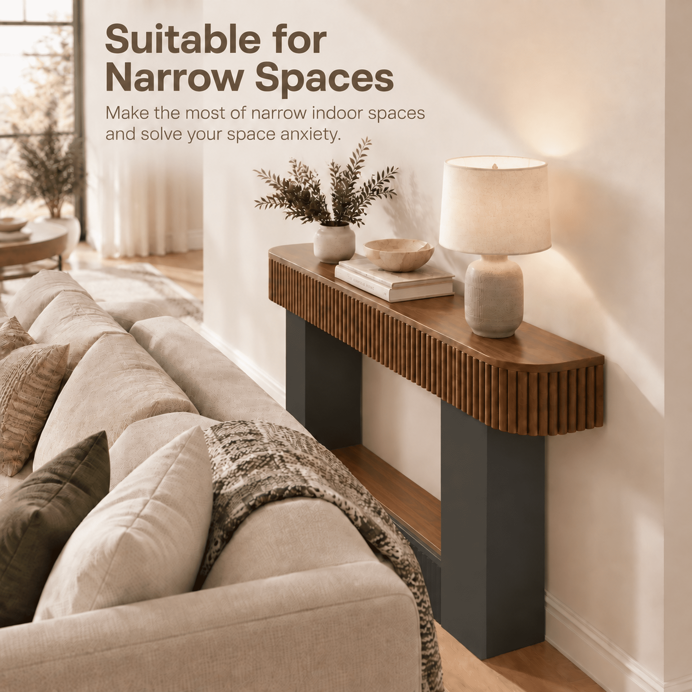 PORKISS 62.9" Console Table with Open Storage, Narrow Long Entryway Table with Rounded Edges, Fluted Sofa Table for Living Room, Hallway, Foyer, Behind Couch, Black + Brown