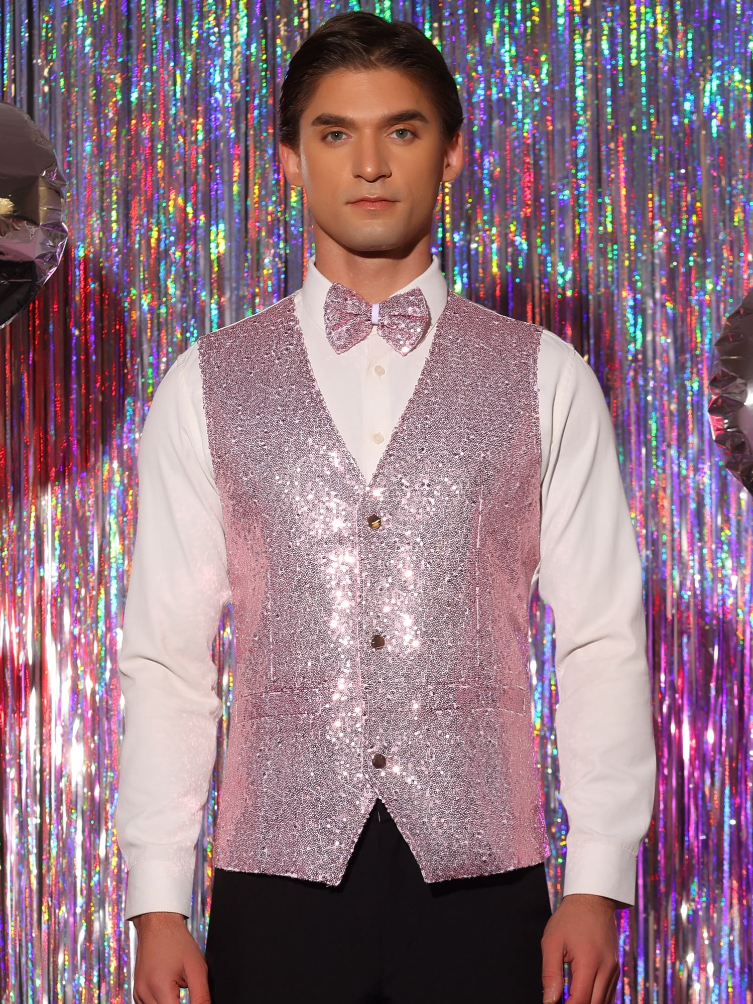Unique Bargains Men's Disco Shiny Sequin Vest Suit Waistcoat Set with Bow Tie XL Pink