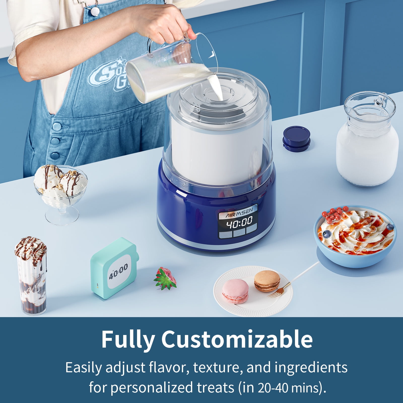 AIRMSEN 2.1 Qt Ice Cream Maker Machine with LED Screen and Timer, Electric Frozen Yogurt Maker for Home, Blue