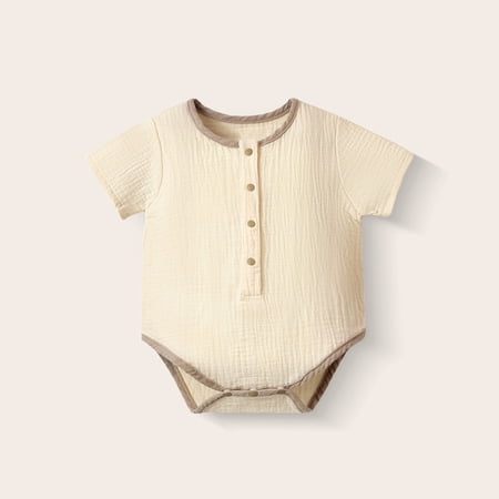 BRGZLK Newborn Baby Boys Girls Romper Summer 2026 Short Sleeve Round Neck Button Down Jumpsuit Solid Color Breathable Comfortable Bodysuit Beige B 3-6 Months