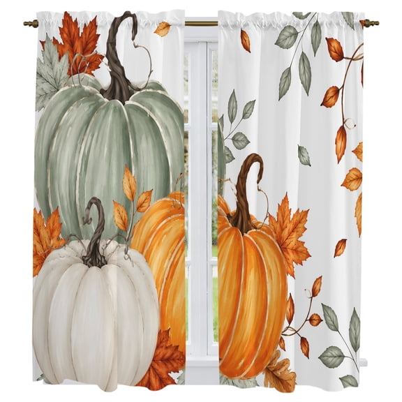Sage Green Pumpkins Kitchen Curtains 63 Inch Length, Thanksgiving Leaves Autumn Fall Tiers Curtains for Living Room Berdoom Bathroom, Light Filtering Drapes Window Treatment 2 Panels 42"Wx63"L