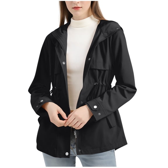 Wdfiry Women's Windbreaker Plus Size Solid Color Button Zipper Jackets Adjustable Drawstring Waist Hooded Coat with Pockets