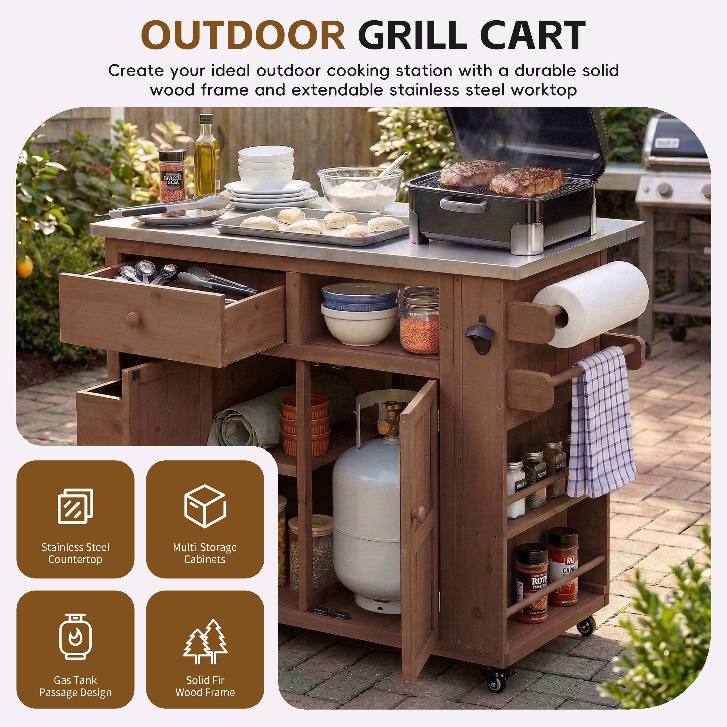 Mintazer 28" Extendable Outdoor Kitchen Island Cart with Stainless Steel Top & Side Spice Rack, Rolling Kitchen Island with Drawers & Storage, Brown