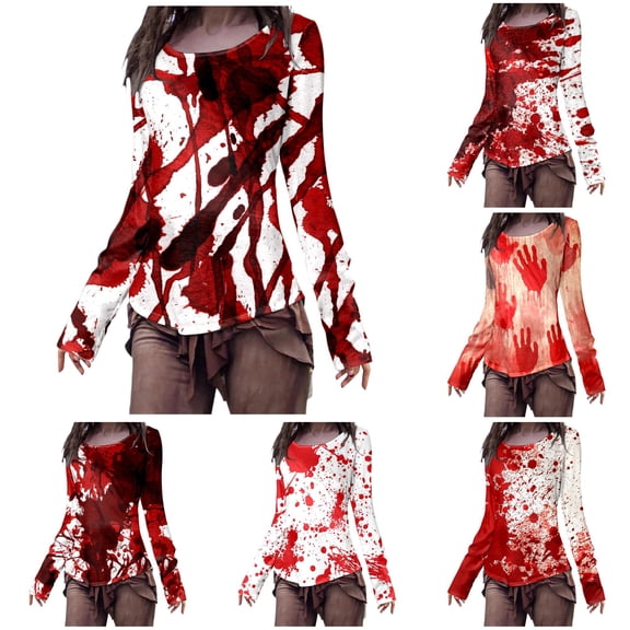 Tshirts for Women Slim Fit Halloween Print Long Sleeved Crew Neck T Shirt Clothes