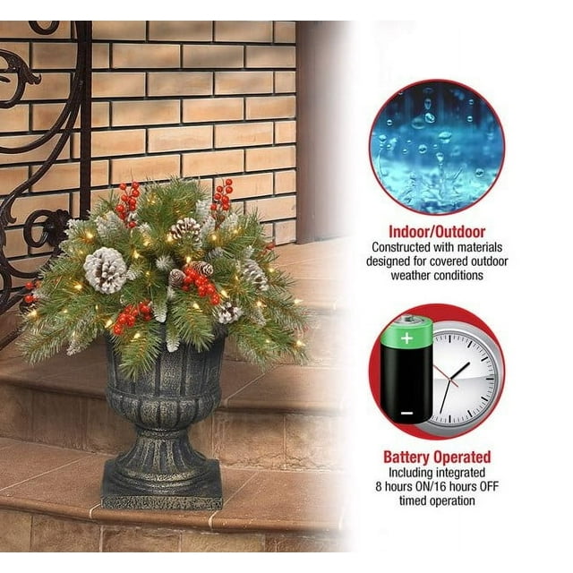 Urne de Baies Givrée 18 Po. avec Lumières LED Blanc Chaud à Piles Arbres de Noël Éclairés avec Baies Dorées & Rouges-Trépied Piquet et Lumières LED Jardinière Lumineuse Extérieure Pot de Plante Décor