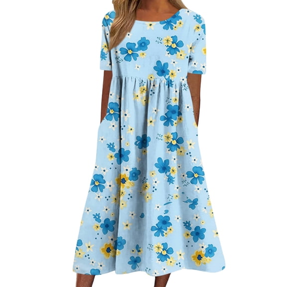 Fewfanhot Womens Dresses Summer Short Sleeve Midi Dress with Pockets Casual Aline Flowy Tshirt Dress Floral Vocation Beach