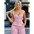 thumbnail image 5 of Women's Pink Two Piece Outfit Sleeveless Button Down Crop Top and High Waisted Wide Leg Pants Set for Casual and Party, 5 of 6