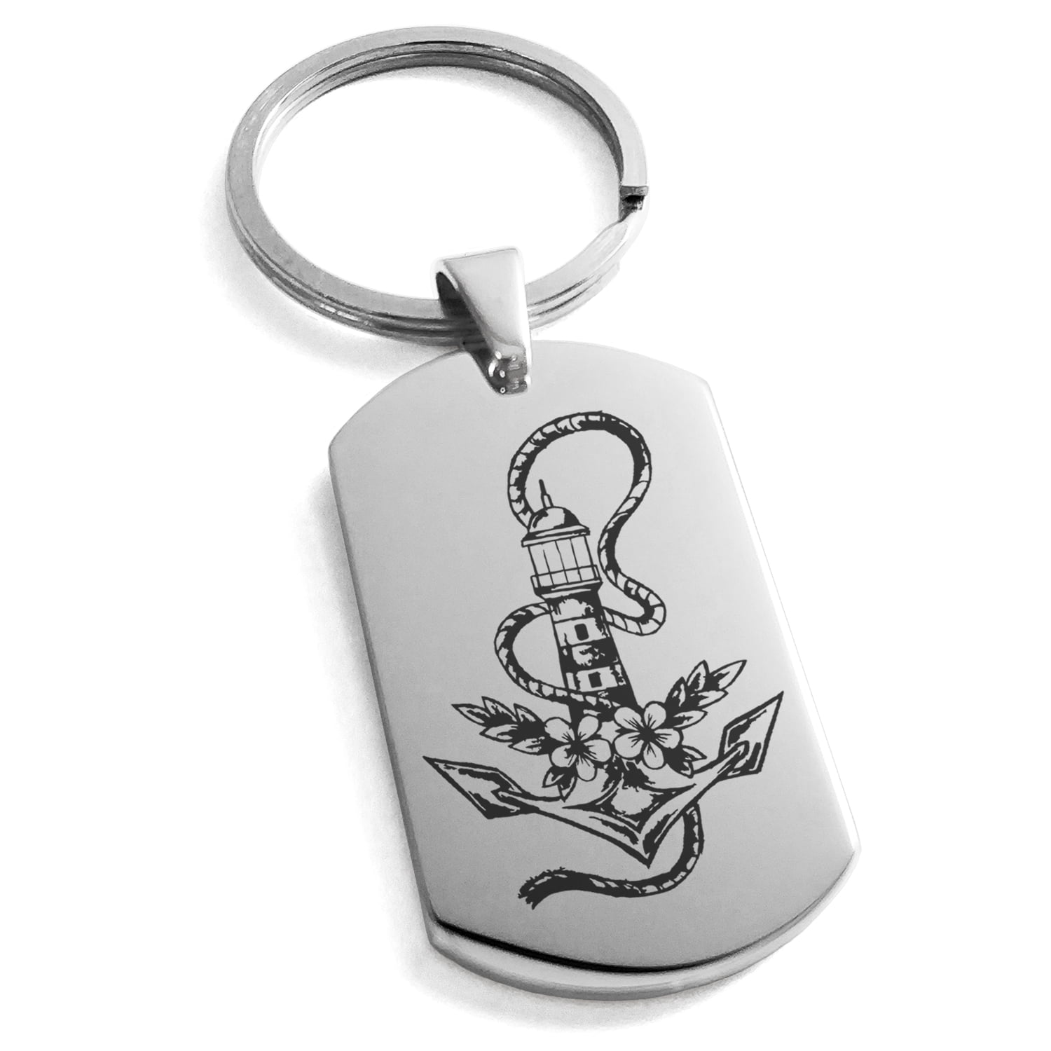 Stainless Steel Nautical Anchor Lighthouse Engraved Dog Tag Keychain
