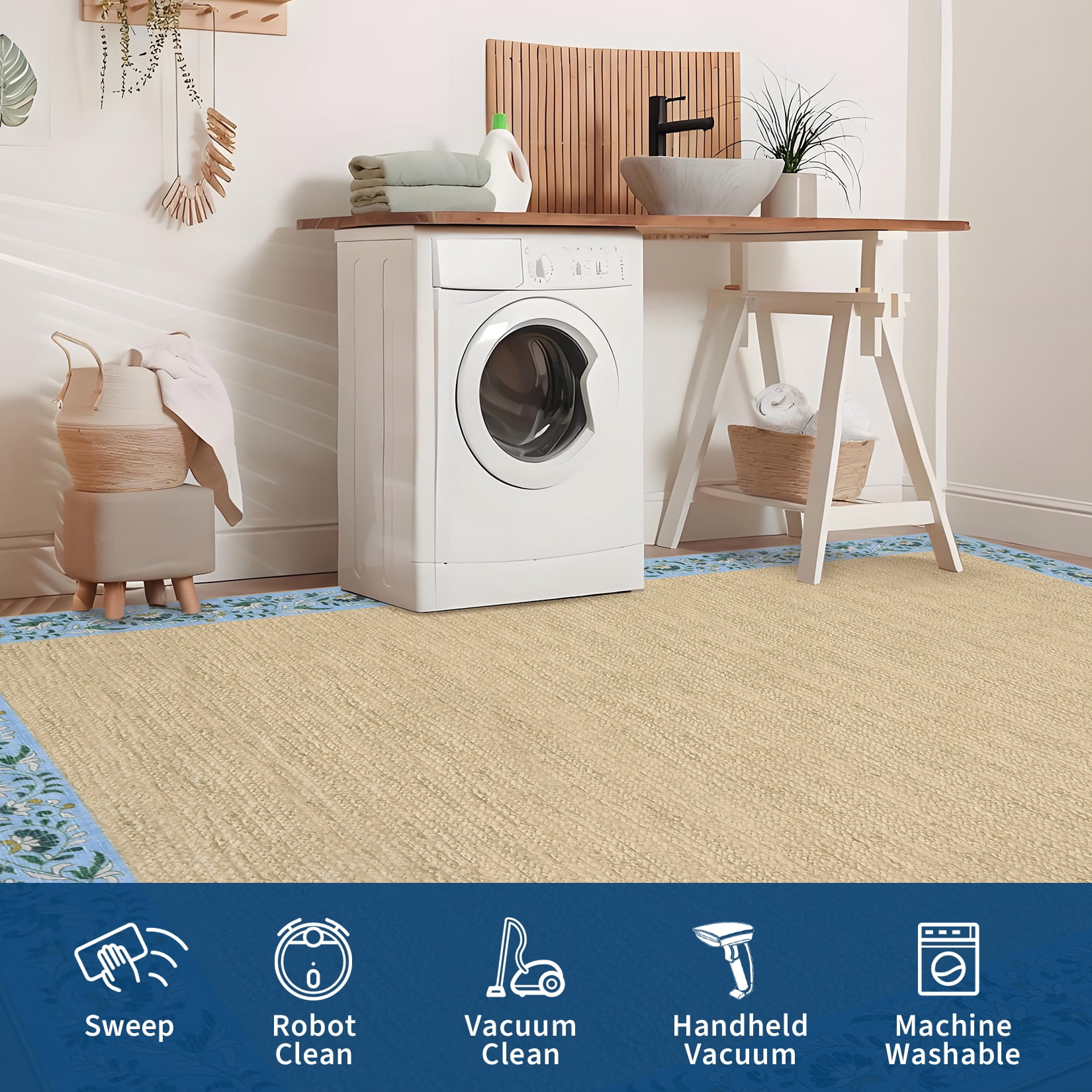Hasoo Large Washable Rug 9' x 12' Area Rug for Living Room Modern Simulated Woven Texture Floral Bordered Non-Slip Neutral Indoor Decor Carpet, Light Blue