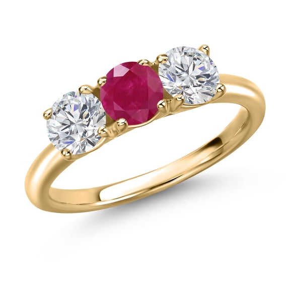 Gem Stone King 10K Yellow Gold Red Ruby and Lab Grown Diamond Engagement Ring for Women | 1.55 Cttw | Round 5MM | Gemstone July Birthstone | Size 9