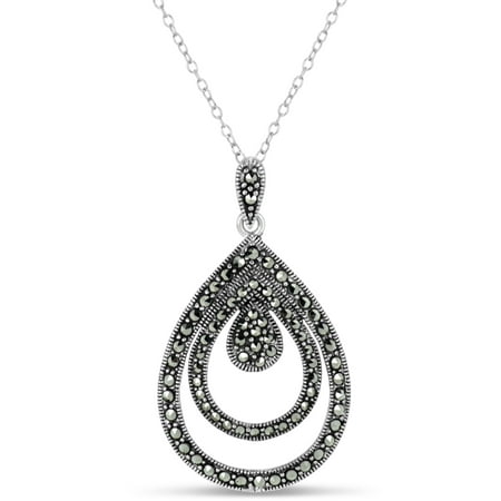 Swarovski Marcasite Sterling Silver Oxidized Three Layers Pear Shaped Pendant 18 Inch