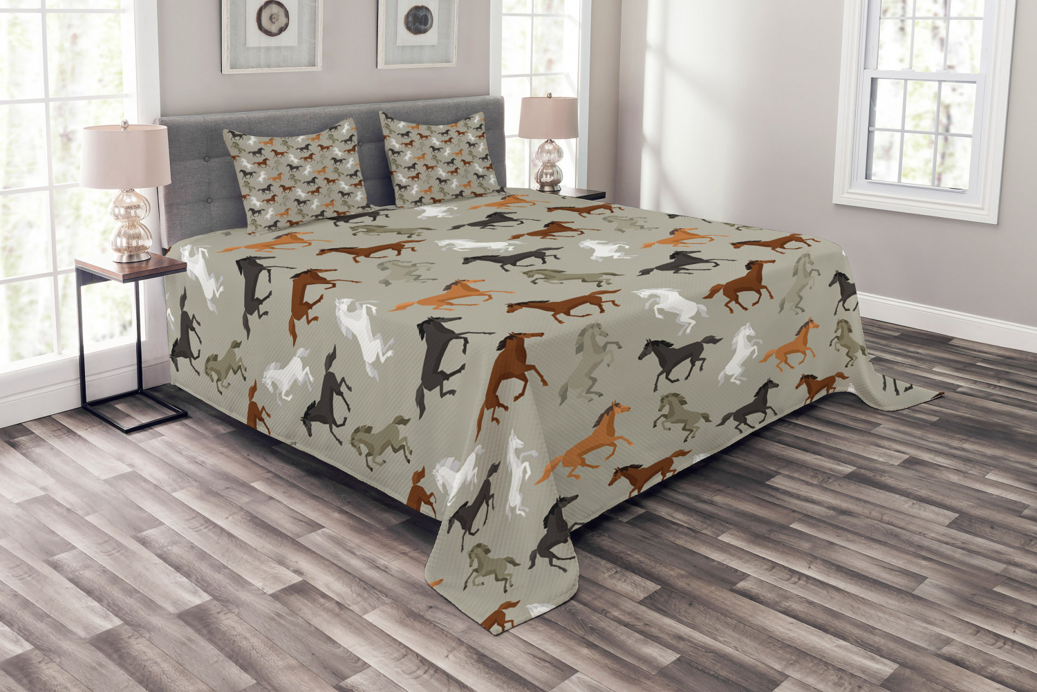 Horses Bedspread Set, Abstract Stallions Simple Design Equestrian