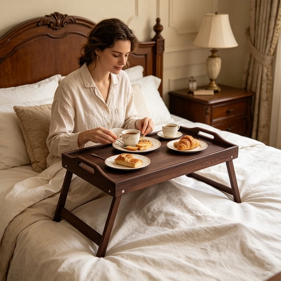 Foldable Bedside Breakfast Tray, Wooden Laptop Desk with Folding Legs & Handle, Portable Snack Table for Bed Couch Sofa, Lightweight Lap Desk for Eating Working Watching TV