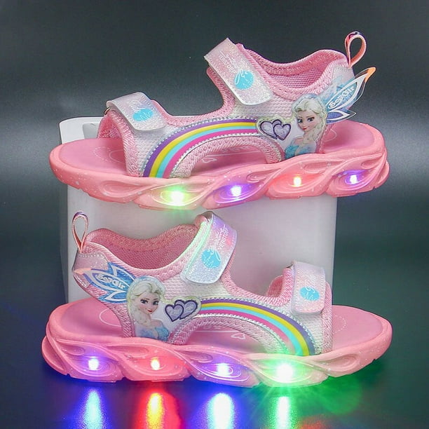 Zapatos de verano para niños de Disney, sandalias con punta de malla para niñas elsa, zapatos de playa a la moda, sandalias con luz led de fondo suave de princesa congelada, plantilla de 21,8 CM Gao Jinjia LED