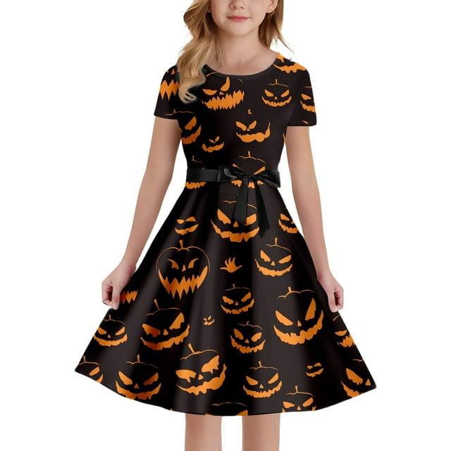 GDREDA Robe de Fille Style Halloween Robe de Fête Ligne A Manches Courtes pour Événements de Danse Convient aux Âges de 5 à 14 Noir,11-12 Ans