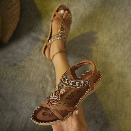 

SHYWJJ Women Rhinestone Sandals T-Strap Buckle Bohemian Pearl Crystal Flat Sandals
