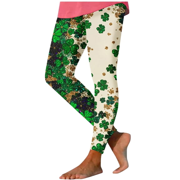 UVEASISHA Women's Leggings Glitter Shamrock Printed Holiday Pants Buttery Soft High Waisted Workout Pant Stretchy Athletic Fitness Leggings St Patricks Day Tights Khaki S