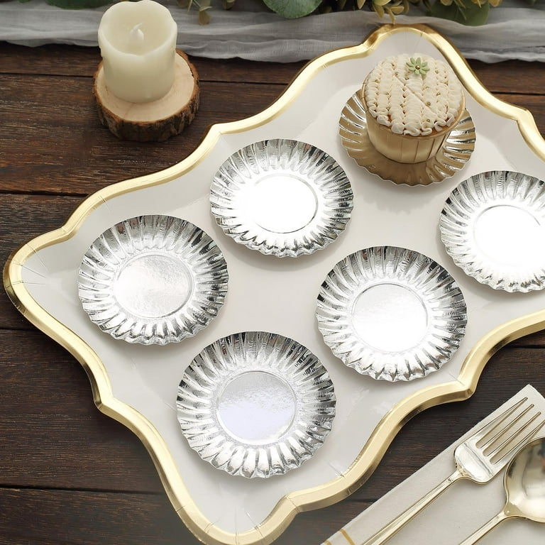 50 Pack Metallic Silver Scalloped Rim Mini Paper Dessert Plates