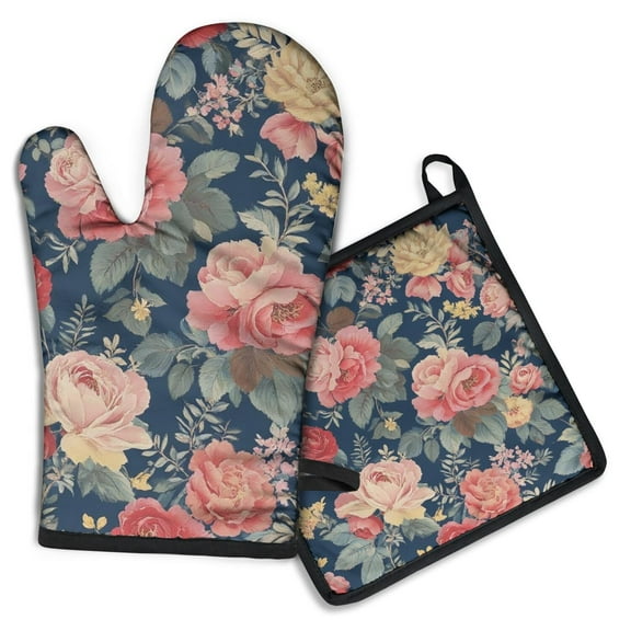 Pioneer Flower Kitchen Oven Mitt and Pot Holder Sets 2 Pcs for Baking, Cooking and Grilling, Heat Resistant Up To 392 °F