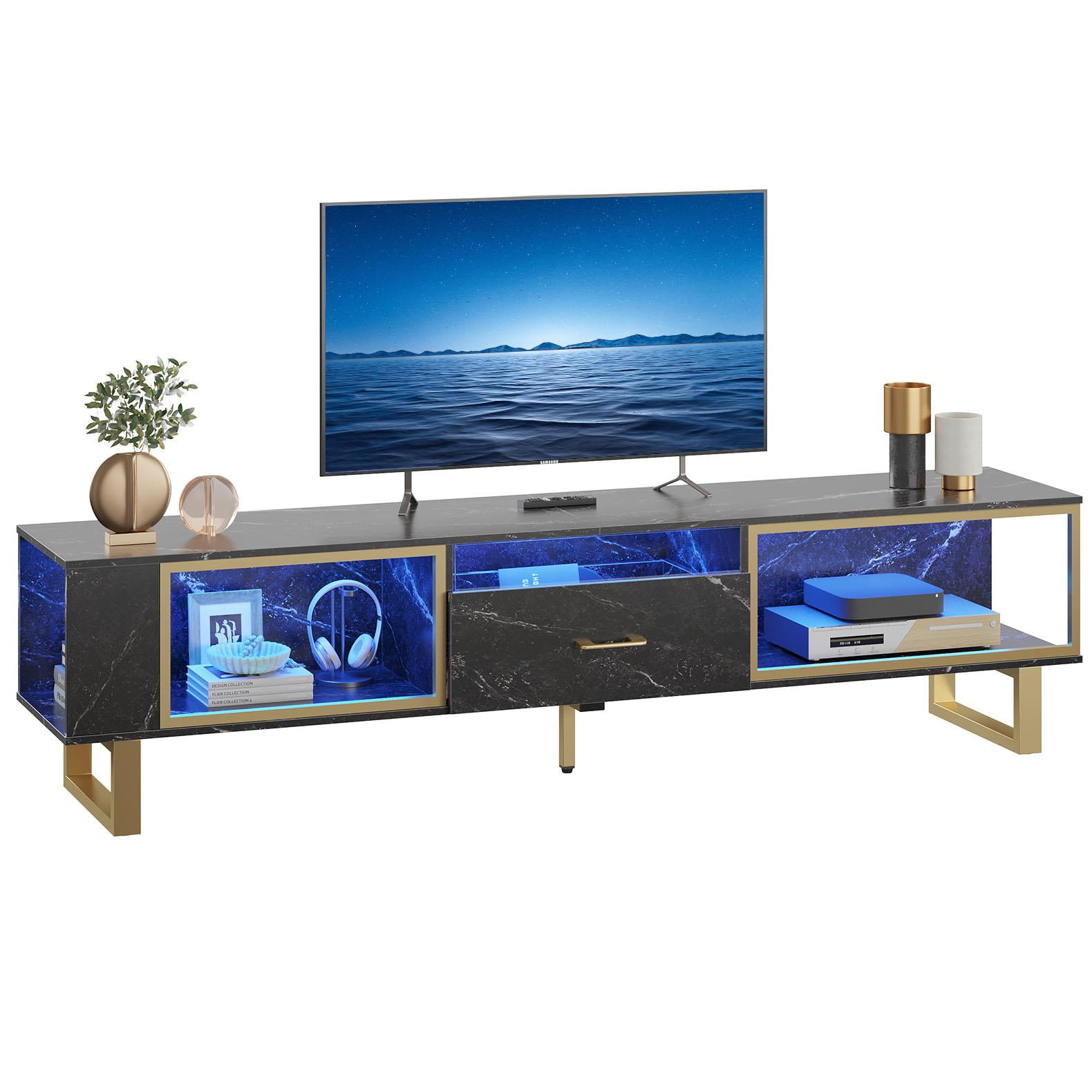 Bestier LED TV Stand for TVs up to 85", Entertainment Center with Drawer & Storage Shelves, Black Marble