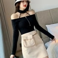 thumbnail image 2 of Promotions! T-Shirts pour Femmes Sans Bretelles Haut Tricoté Mode Fermeture Éclair Confortable Col Rond Licou Manches Longues T-shirt Ajusté, 2 of 6