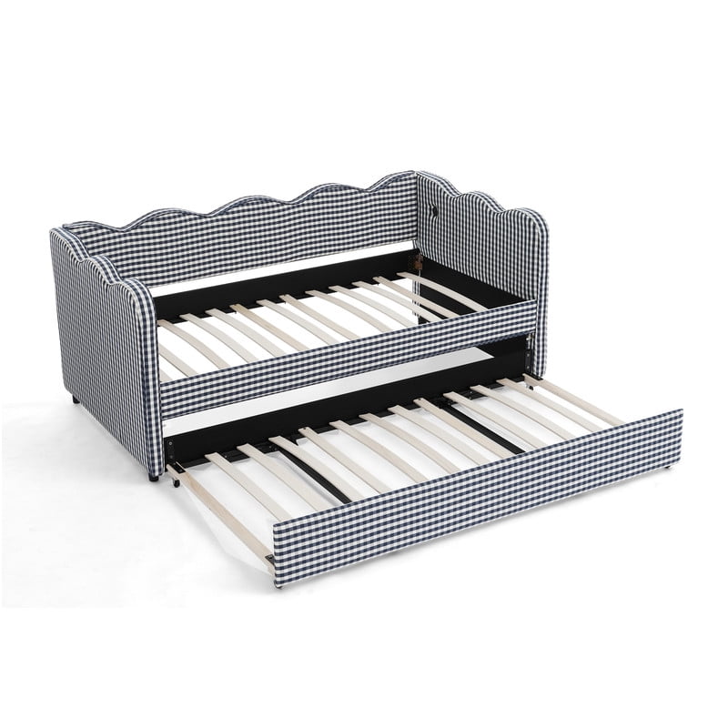 Twin Size Upholstery Daybed with Trundle and USB, Twin to King Design Adorable Wave Shaped Extendable Linen Sofa Bed Cozy Gingham Daybed, for Living Room and Bedroom