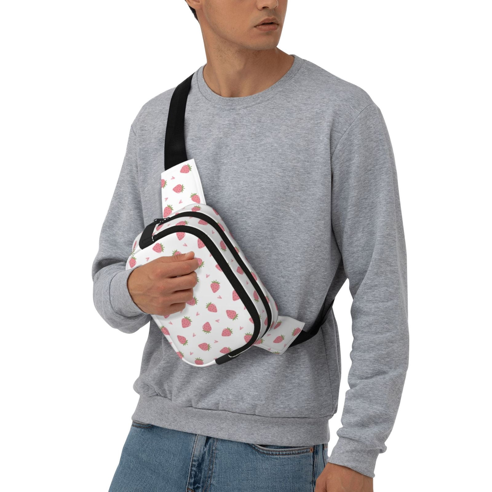 Picia Hand Drawn Strawberry Print Square Double-Layer Waist Bag Mini Adjustable Waist Belt Bag Exercise Running Travel Hiking