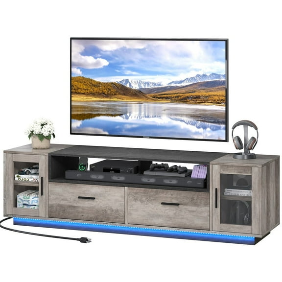 VibrantEcho Modern TV Stand for 75 inch TV, Natural Wood Color Entertainment Center with Power Outlet & LED Lights