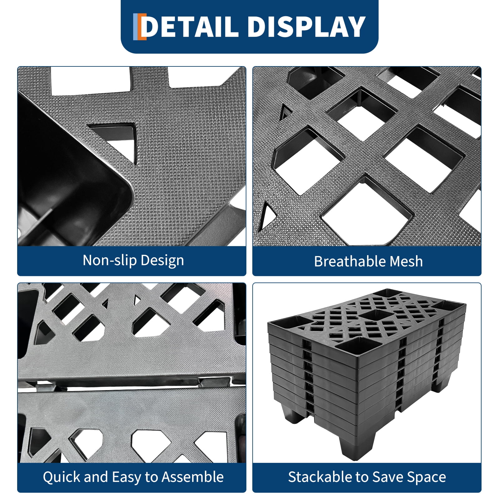 6-Pack Plastic Pallets, 19.7" x 11.8" Interlocking Floor Tiles, Nestable & Stackable for Storage, Ventilated Design for Garage, Basement, Warehouse (Black)