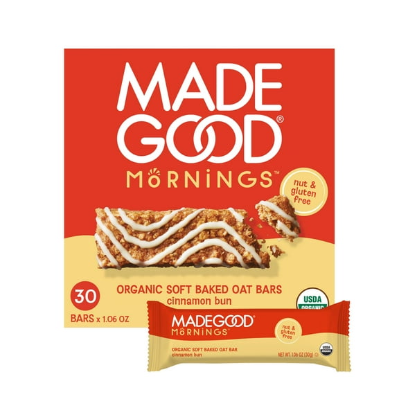 MadeGood Mornings Soft Baked KEF28 Breakfast Bars, Cinnamon Bun 1.06 Oz (30 Count) Gluten Free Snacks