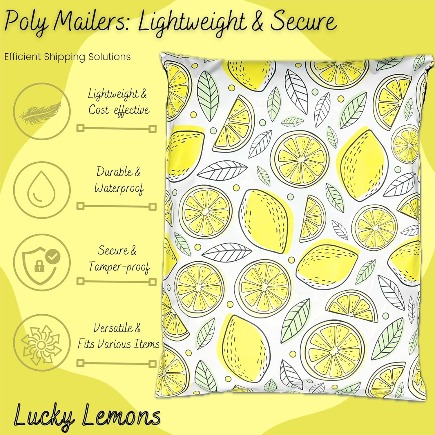 Hawk Poly Mailers 10x13 Cute Heavy Duty 3.15mil Self-Sealing Shipping Envelopes for Small Businesses Printed Waterproof Mailing Bags Tear Proof Fun Fruit Non Padded (Lucky Lemons 100 pack, 10x13)