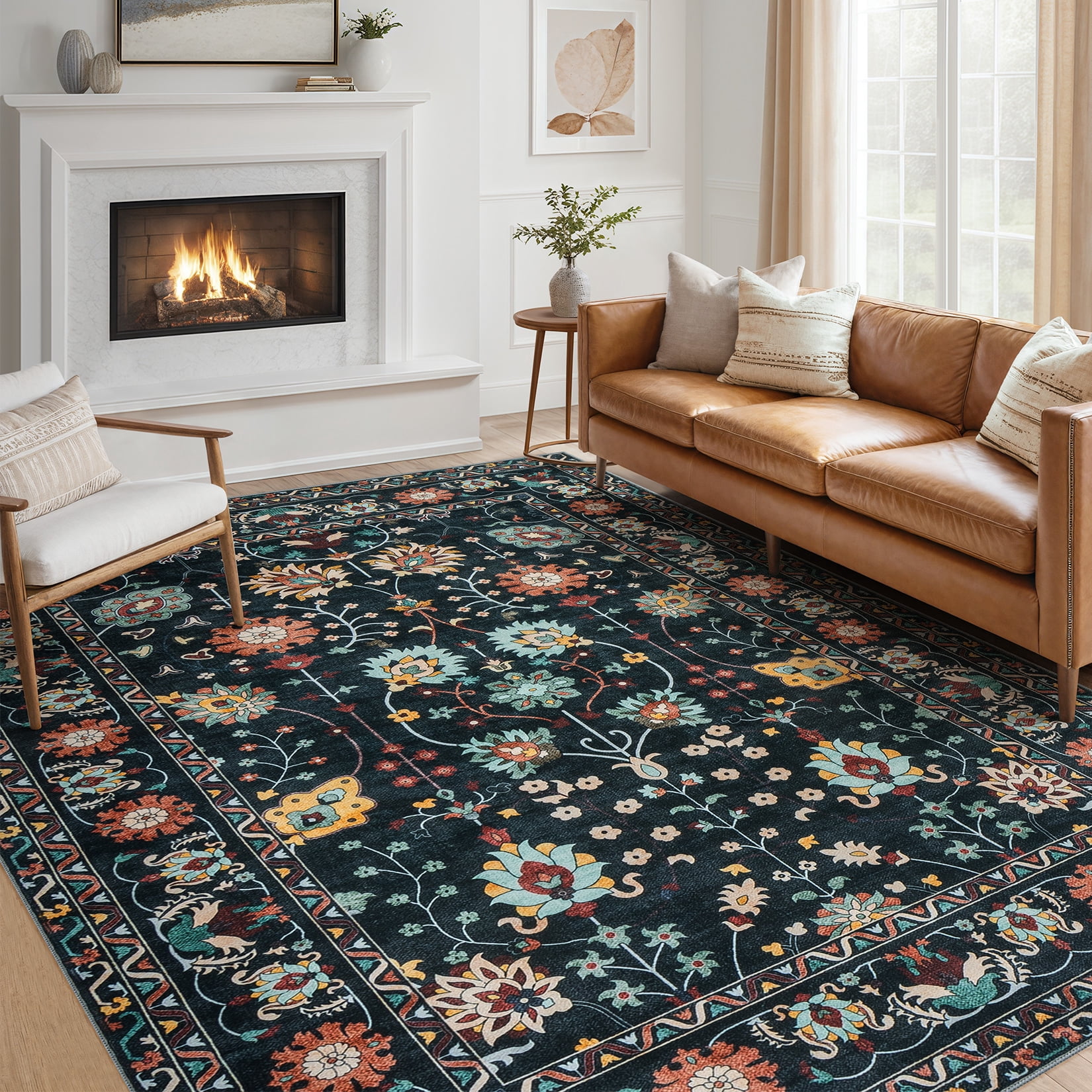 Toyoso 9x12 Area Rug Living Room Rugs - Machine Washable Traditional Floral Rug Non-Slip Classic Farmhouse Entryway Mat for Indoor Front Door, Kitchen, and Home Décor – Black