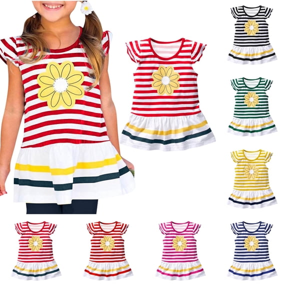 jobturf Girls Shirts Cute Striped Daisy Graphic Tees Beach Vacation Basic Tees Trendy Ruffle Cap Sleeve Tops Summer Clothes Size 1-10 Years
