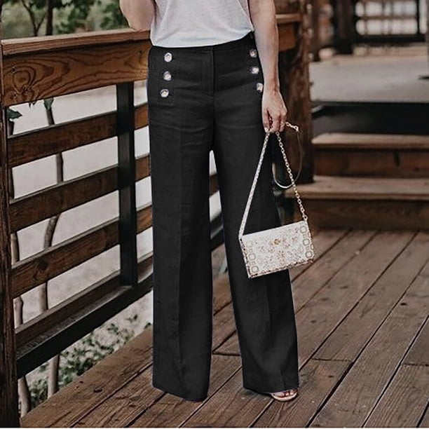 Pantalones anchos de lino y algodón con botones, informales, de cintura alta, de color sólido, sencillos y a la moda para mujer