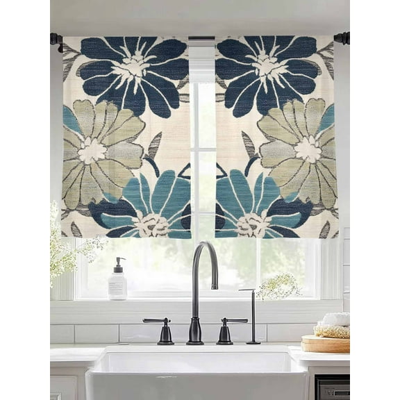 Sage Green Blue Floral Sheer Curtains for Living Room Bedroom Vintage Beige Botanical Sheer Curtains 54 Inch Long 2 Panels Set Light Filtering Curtain Window Treatments Drapes for Dining Room