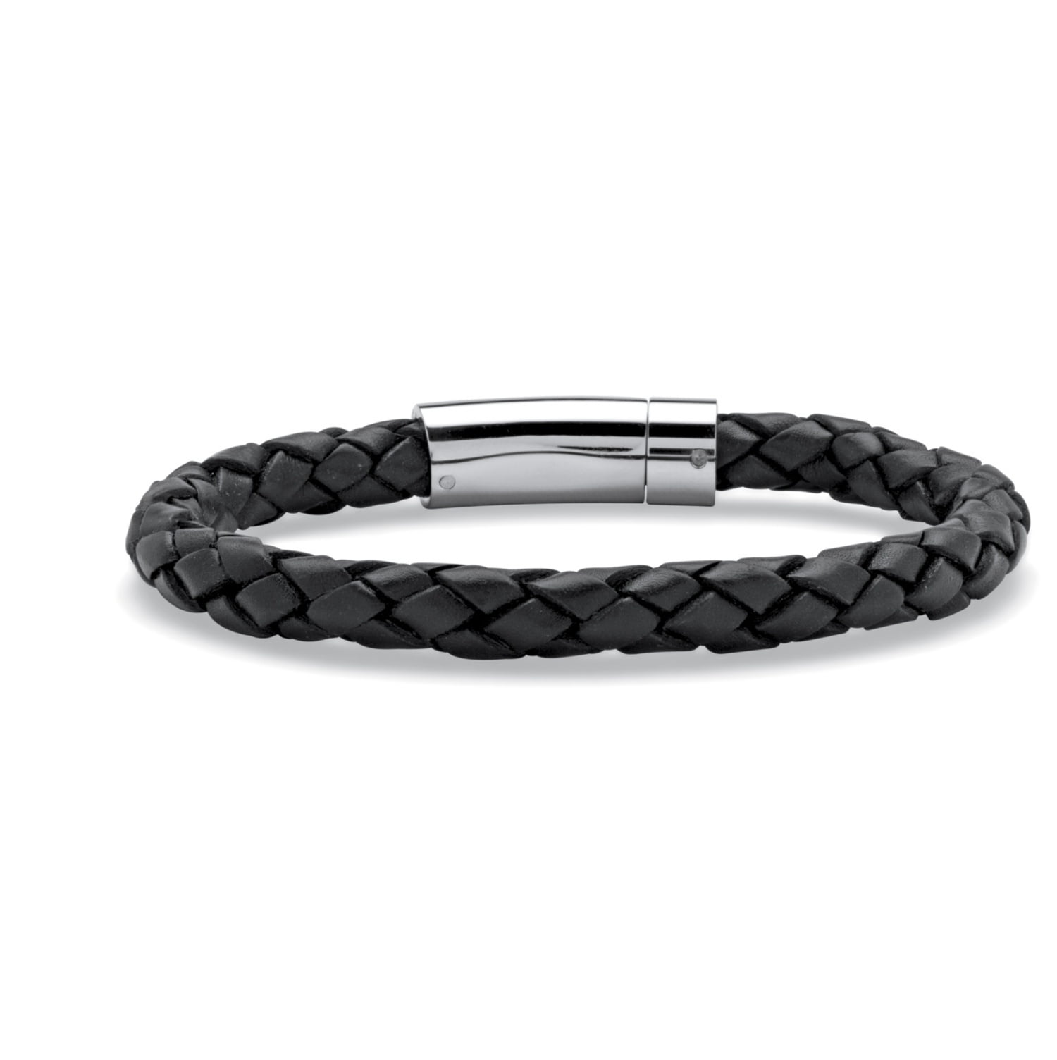 PalmBeach Jewelry - Men's Black Leather Bracelet with Stainless Steel ...