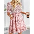 thumbnail image 2 of Womens Casual Summer Dresses Short Sleeve Square Neck Smocked Boho Floral Sundress Flowy A-Line Mini Dress Pink L, 2 of 6